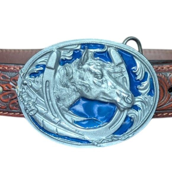 Nocona Siskiyou Horse Tooled Western Leather Statement Belt Buckle Resin Boho - Picture 5 of 15